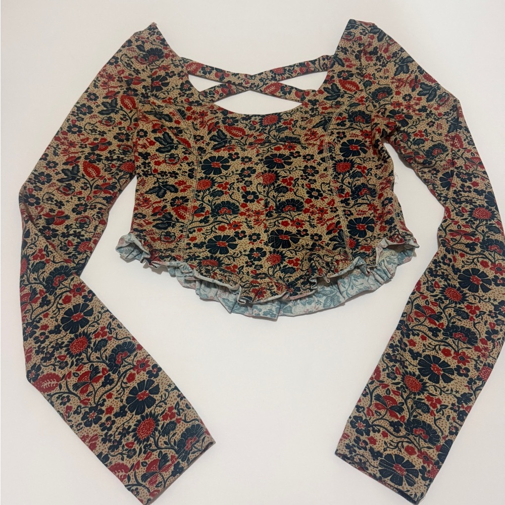 Free People Floral Long-Sleeve Cropped Top in Multicolor